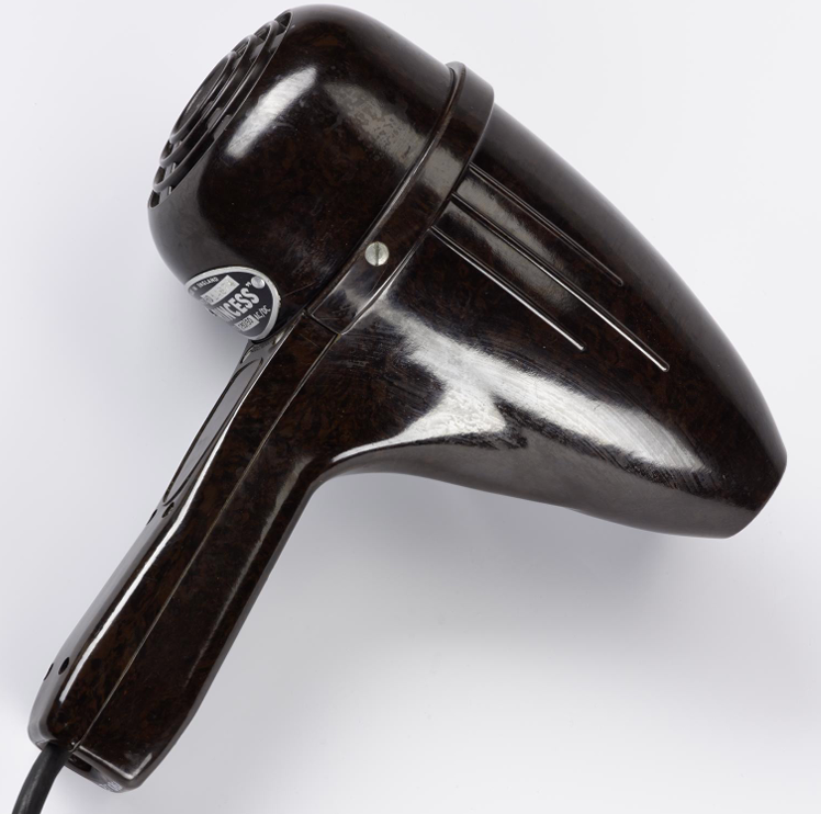Princess hand-held Bakelite hair dryer made in England c. 1939, mottled brown moulded bakelite