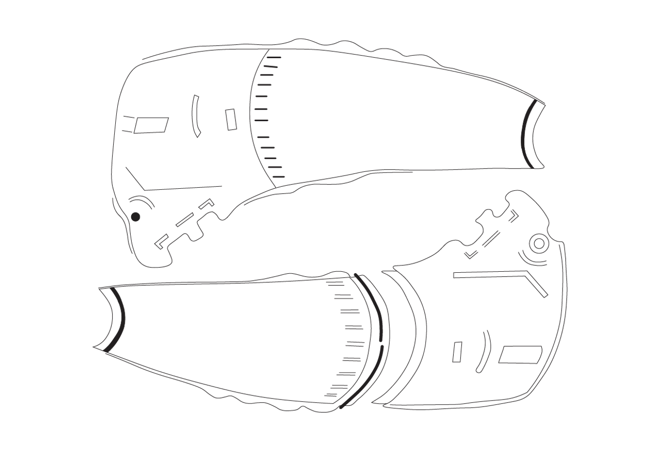 Technical drawing of the AirFlux case in two moulded halves, showing the joining seams and surface details required for injection moulding
