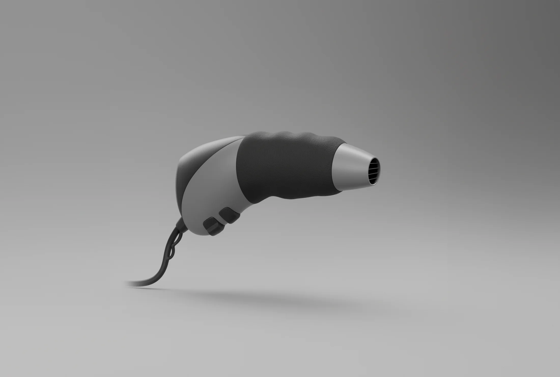AirFlux, a compact handle-free hair dryer in matte grey polypropylene with a black silicone grip sleeve around the air outlet tube