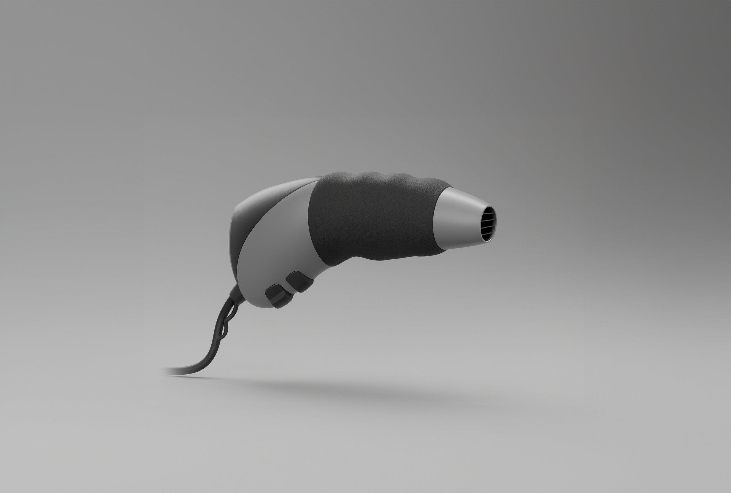 AirFlux, a compact handle-free hair dryer in matte grey polypropylene with a black silicone grip sleeve around the air outlet tube