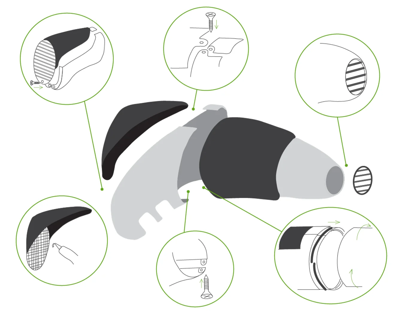 Exploded diagram of the AirFlux casing with circular callouts showing the silicone sleeve, the screws joining the two case halves, the air outlet, and the mesh detail of the sleeve