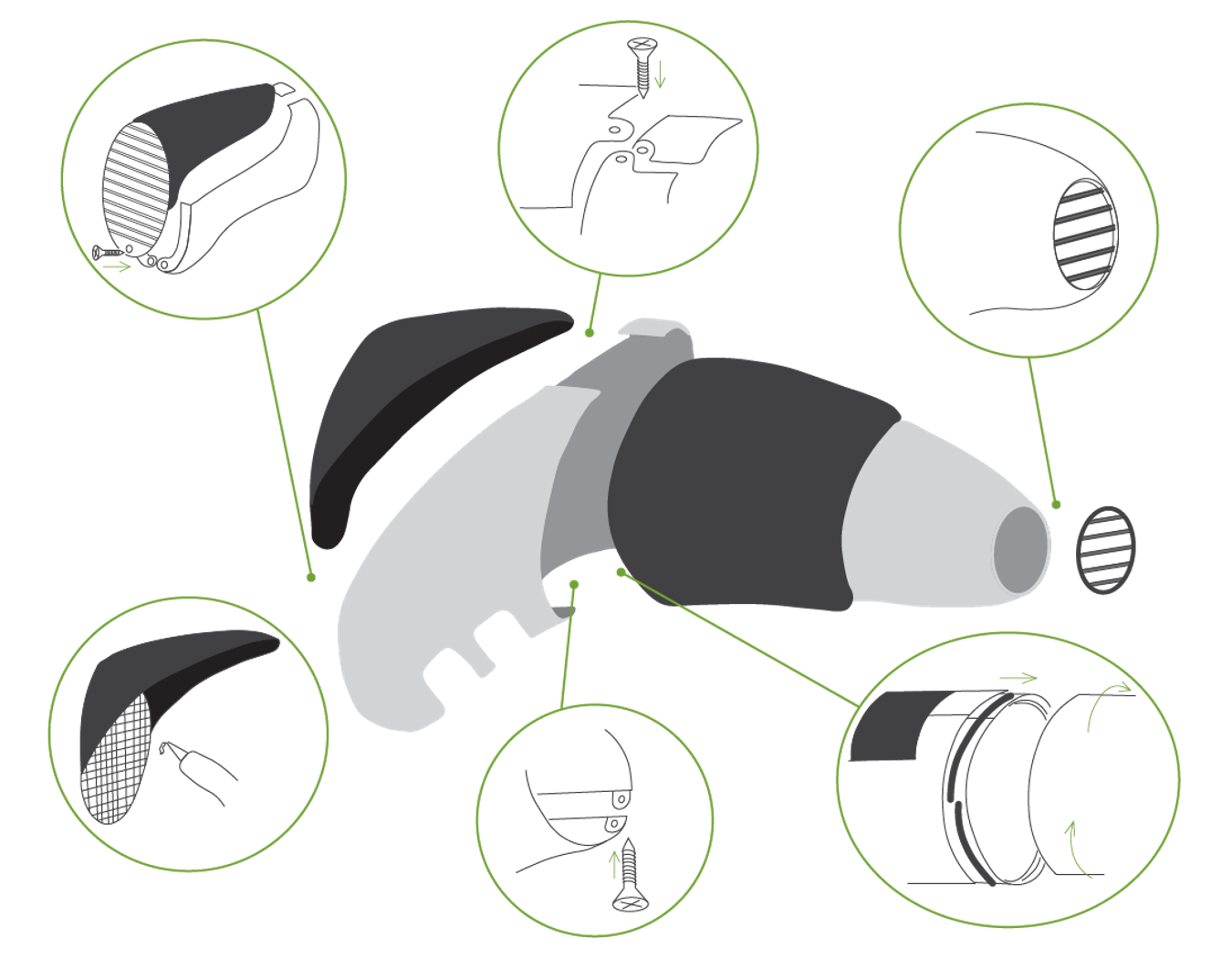 Exploded diagram of the AirFlux casing with circular callouts showing the silicone sleeve, the screws joining the two case halves, the air outlet, and the mesh detail of the sleeve