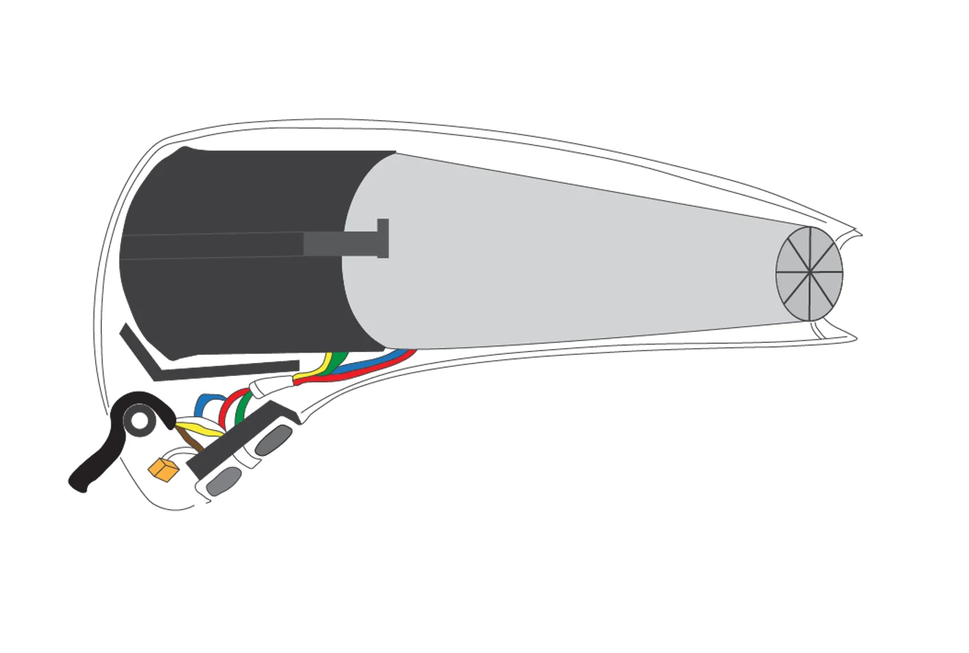 Cross-section diagram of the AirFlux casing showing the Remington motor, fan, heating coil, and wiring fitted inside the redesigned housing