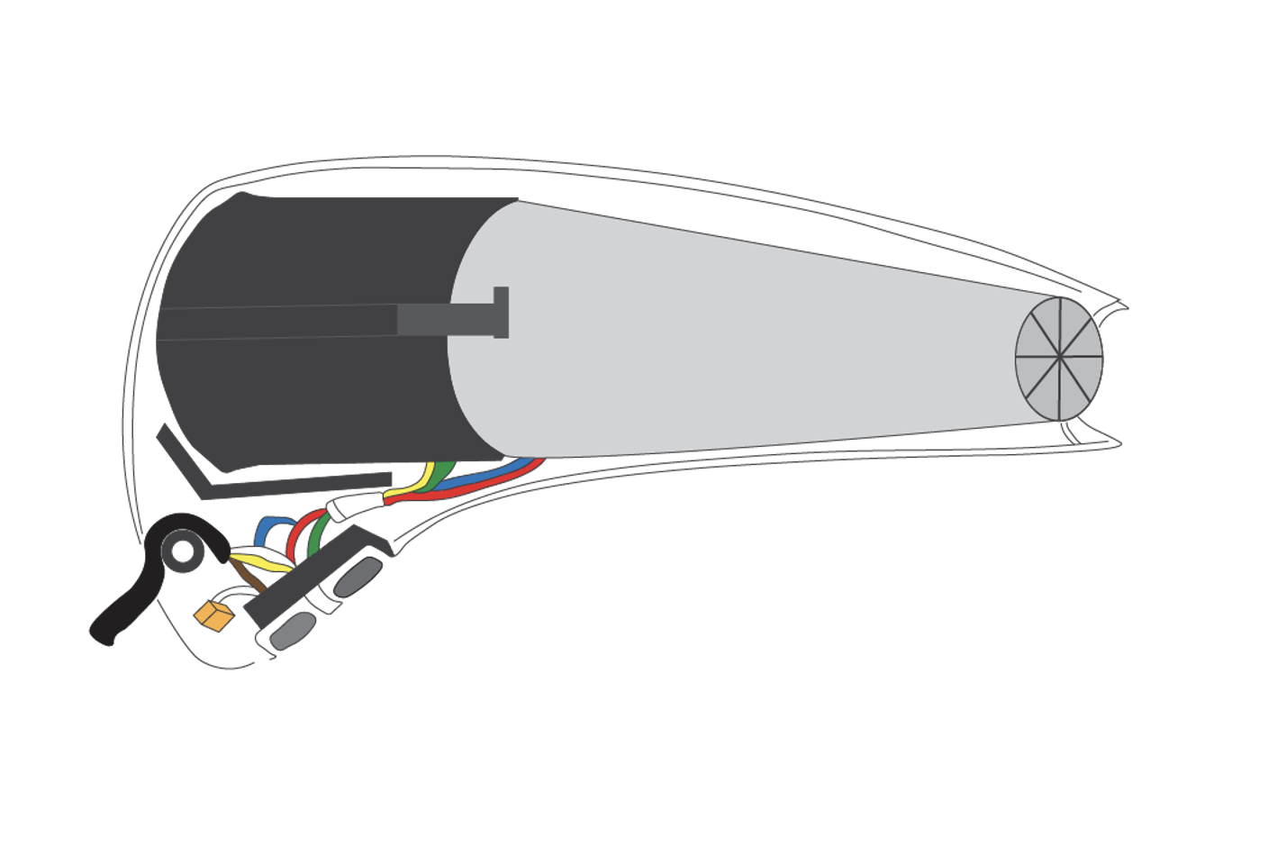 Cross-section diagram of the AirFlux casing showing the Remington motor, fan, heating coil, and wiring fitted inside the redesigned housing