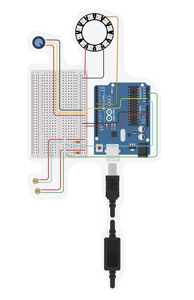 The Ilia electronics laid out: Arduino Uno, NeoPixel ring, two LDR sensors with soldered wire extensions, a potentiometer, and an external power switch, all on a breadboard during testing