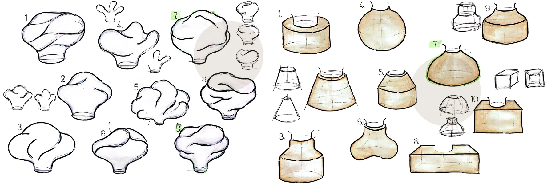 Two columns of form ideation sketches: organic cloud-like glass diffuser shapes on the left in pencil, and rendered wooden base form studies on the right