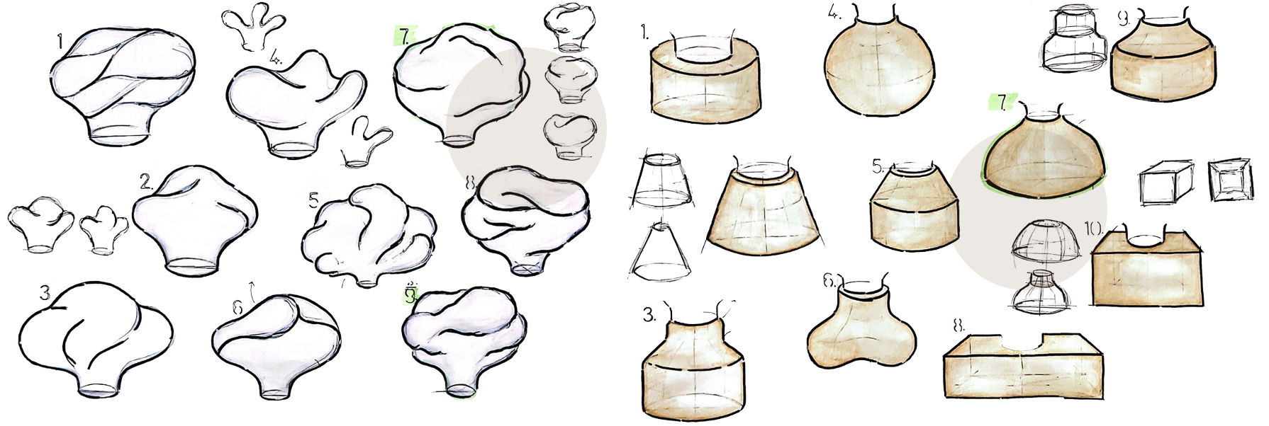 Two columns of form ideation sketches: organic cloud-like glass diffuser shapes on the left in pencil, and rendered wooden base form studies on the right
