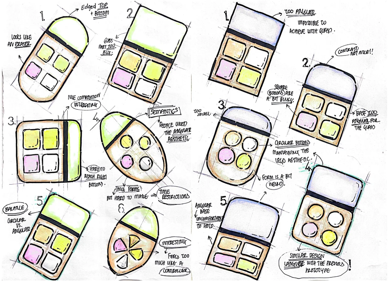 Sketch resolution sheet exploring rounded square forms with rounded buttons, annotated with critiques