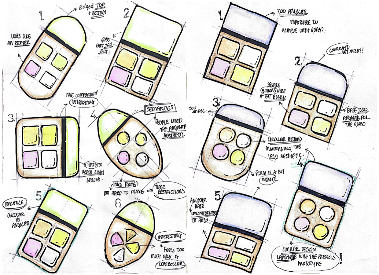 Sketch resolution sheet exploring rounded square forms with rounded buttons, annotated with critiques