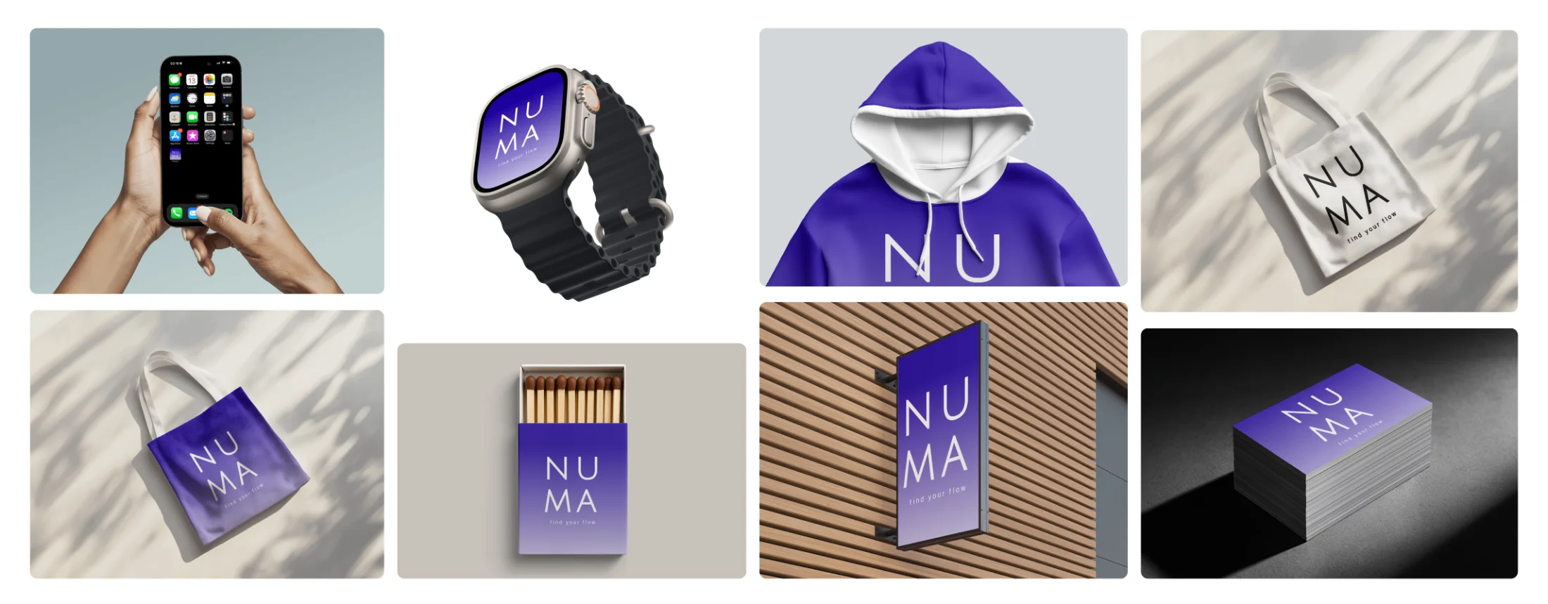 The NUMA brand moodboard: the app on a phone and a smart watch, a purple matchbox, and a purple tote bag with the NUMA logo, all in the brand's deep purple.