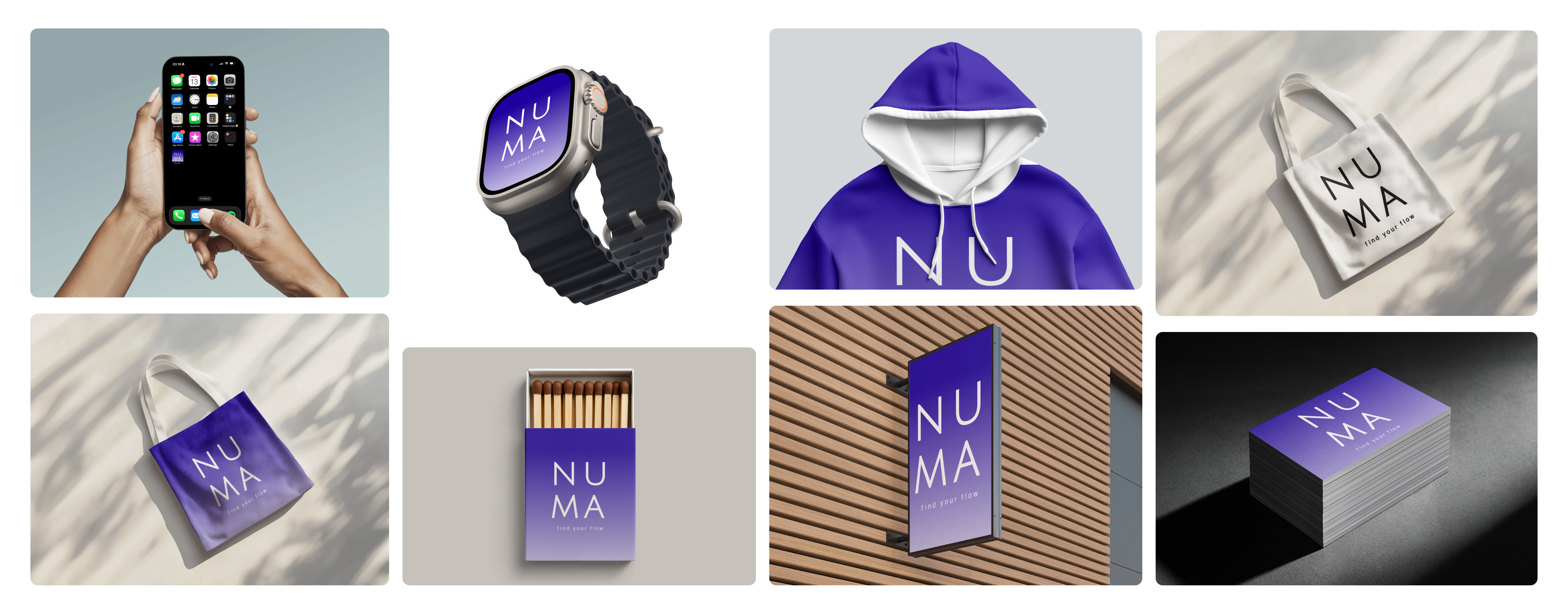 The NUMA brand moodboard: the app on a phone and a smart watch, a purple matchbox, and a purple tote bag with the NUMA logo, all in the brand's deep purple.