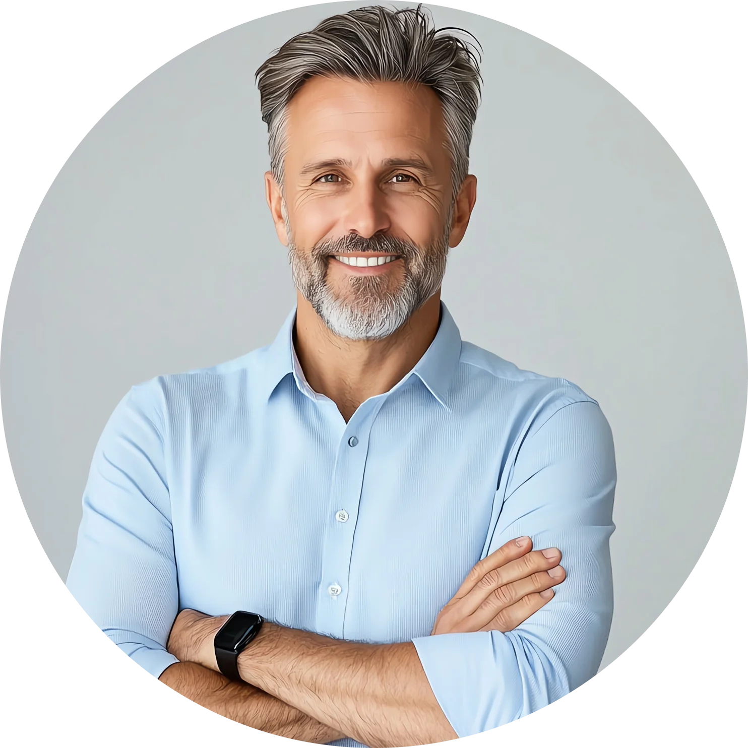 George Matthews, the primary persona: a man in his mid-fifties in a light blue shirt
