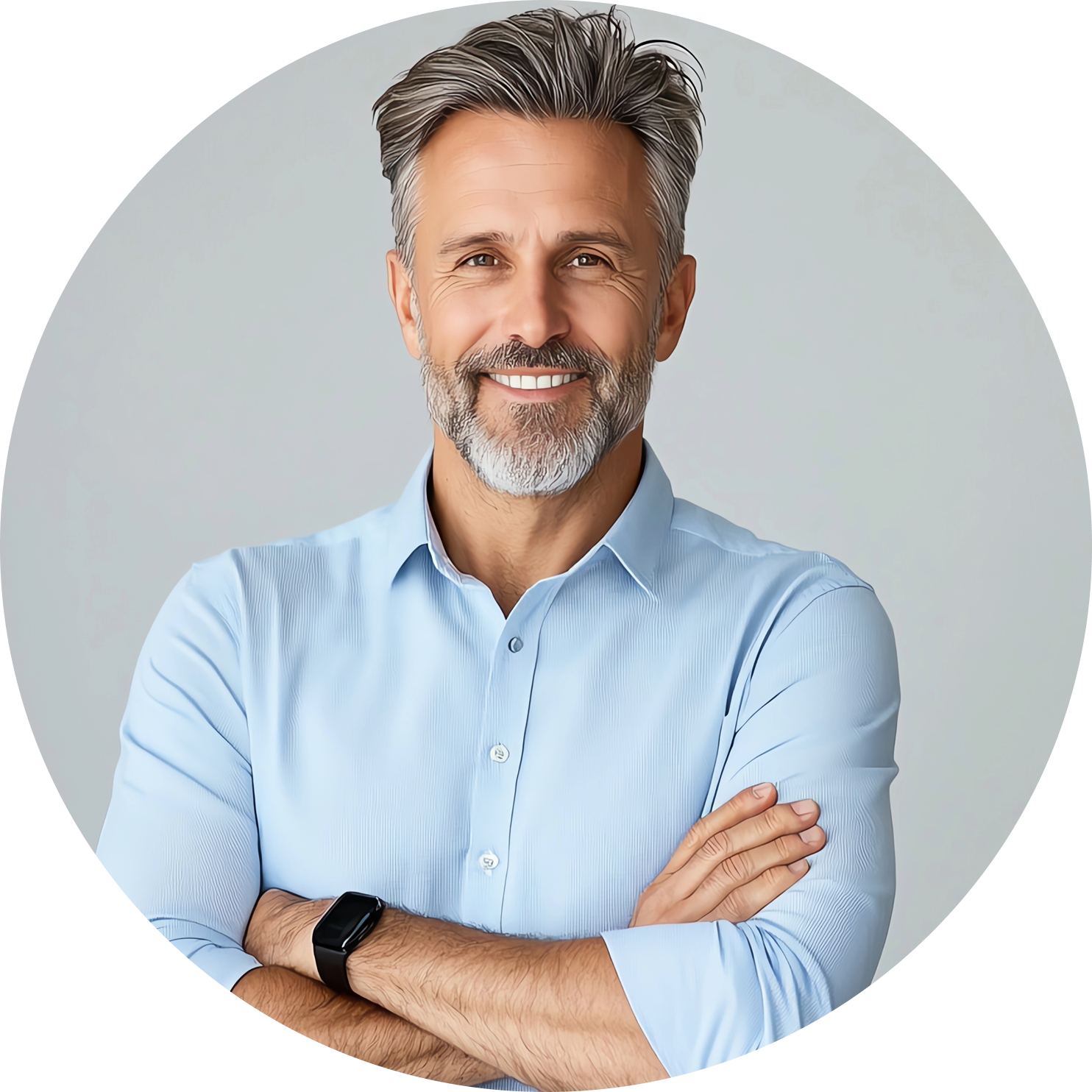 George Matthews, the primary persona: a man in his mid-fifties in a light blue shirt