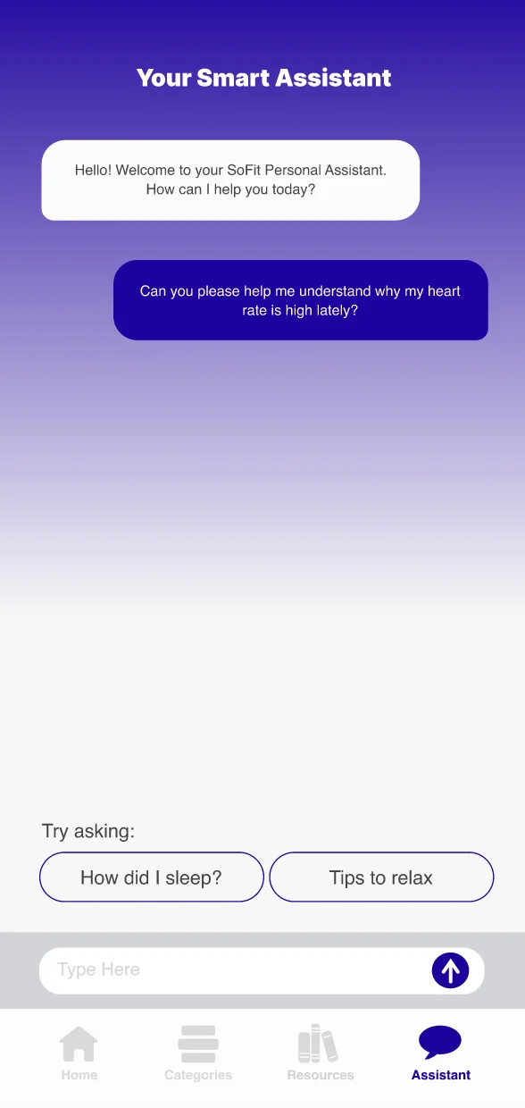 NUMA Assistant screen: a conversational AI answering a question about heart rate.