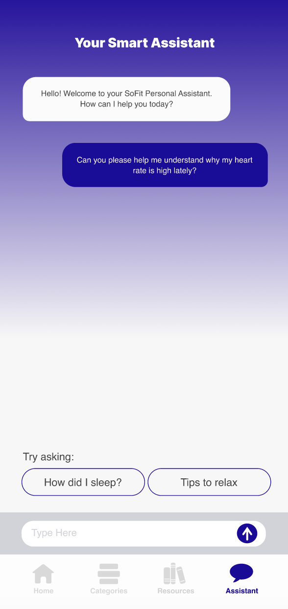 NUMA Assistant screen: a conversational AI answering a question about heart rate.
