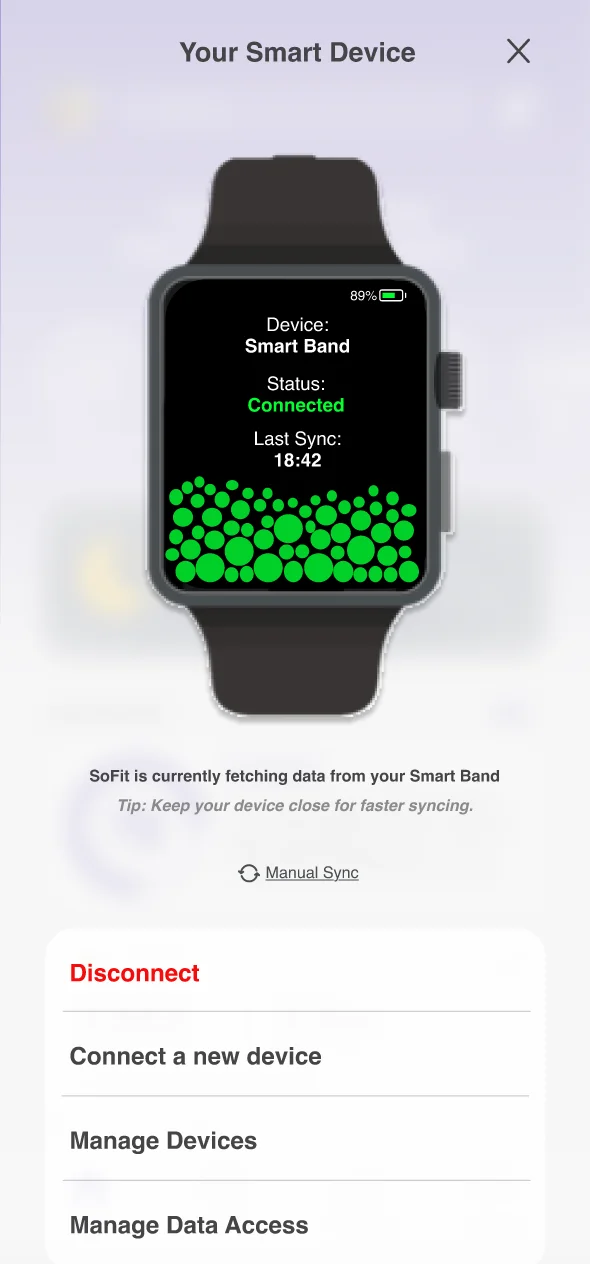 NUMA Smart Device screen: a connected smart band showing status, last sync time, and a live sync visualisation.