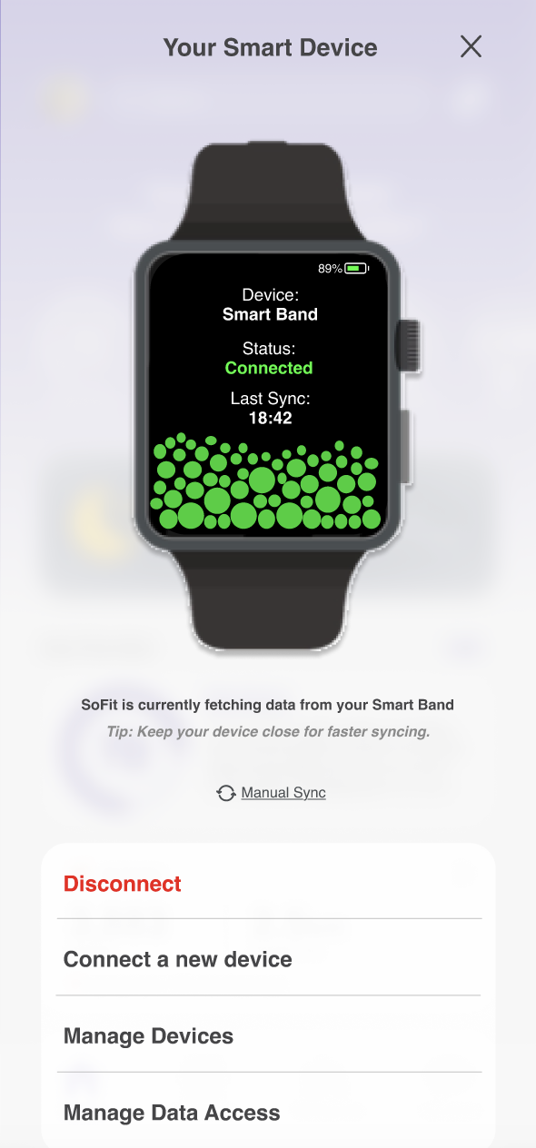 NUMA Smart Device screen: a connected smart band showing status, last sync time, and a live sync visualisation.