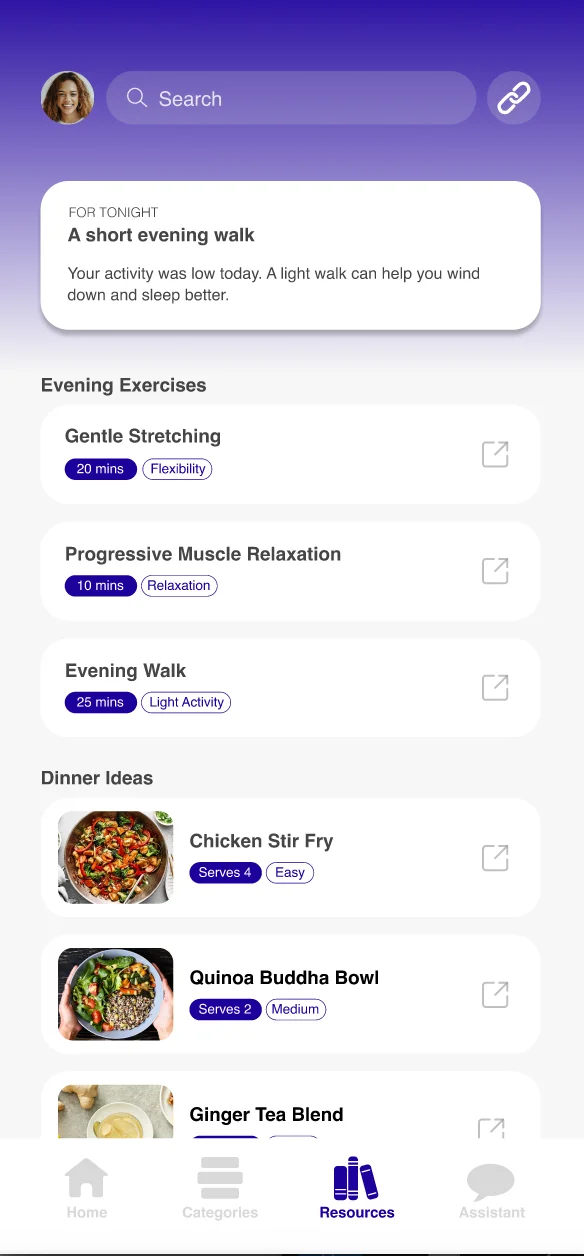 NUMA Resources screen: evening exercises and dinner ideas suggested based on the day's data.