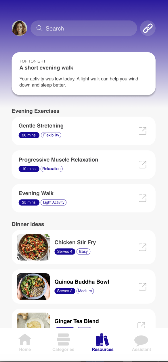 NUMA Resources screen: evening exercises and dinner ideas suggested based on the day's data.