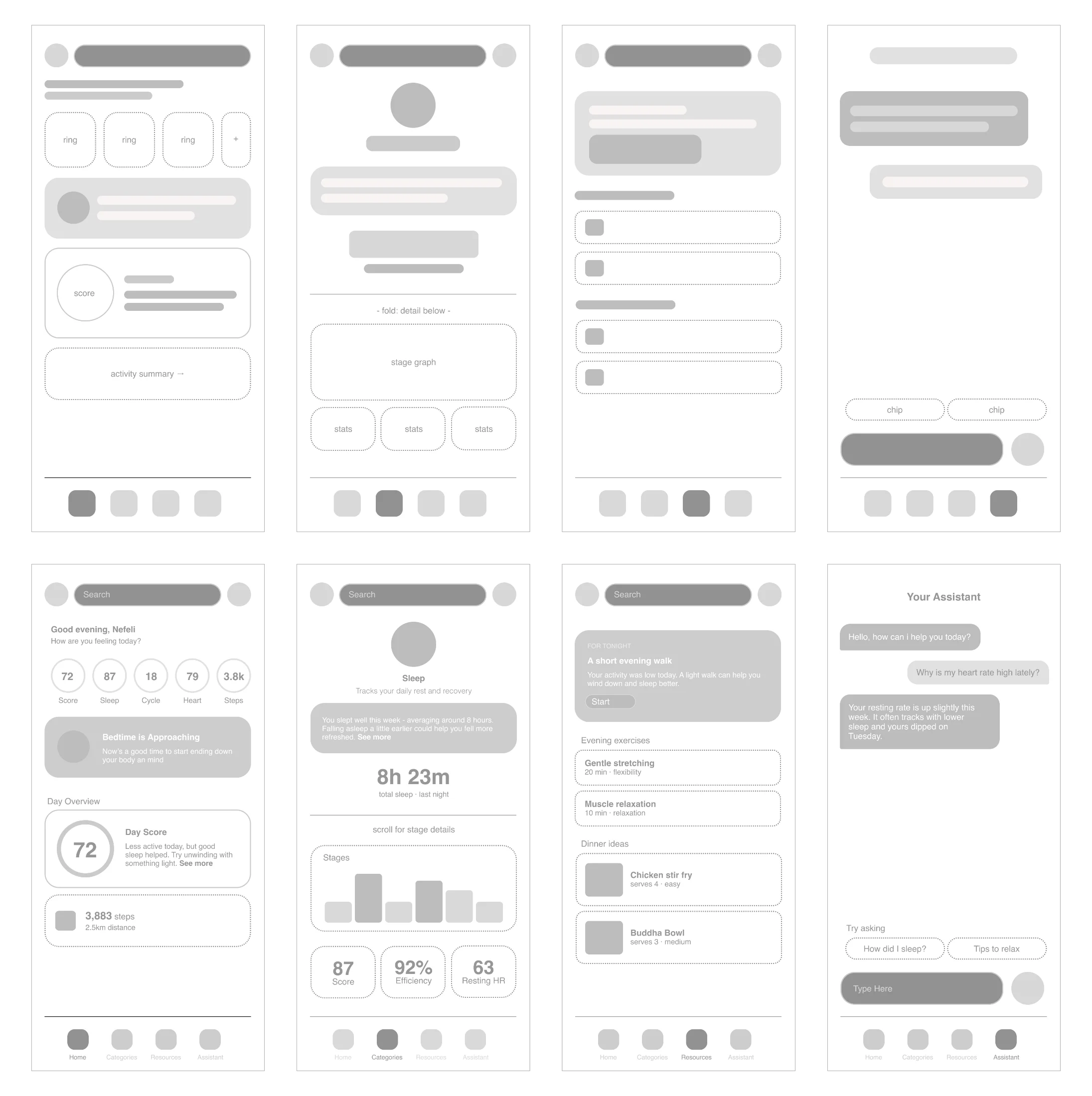 Two rows of wireframes for the Home, Sleep, Resources, and Assistant screens, shown from low-fidelity grey-box layouts to mid-fidelity resolved versions.