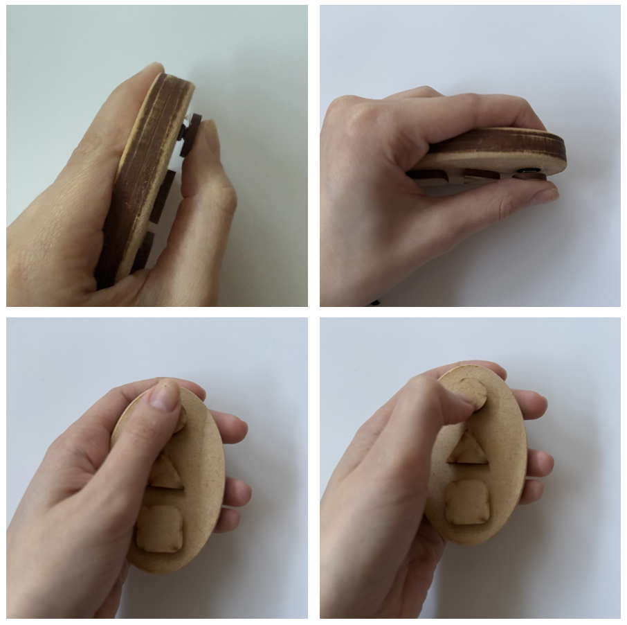 MDF prototypes of the button-based device showing edge profile and raised tactile button shapes