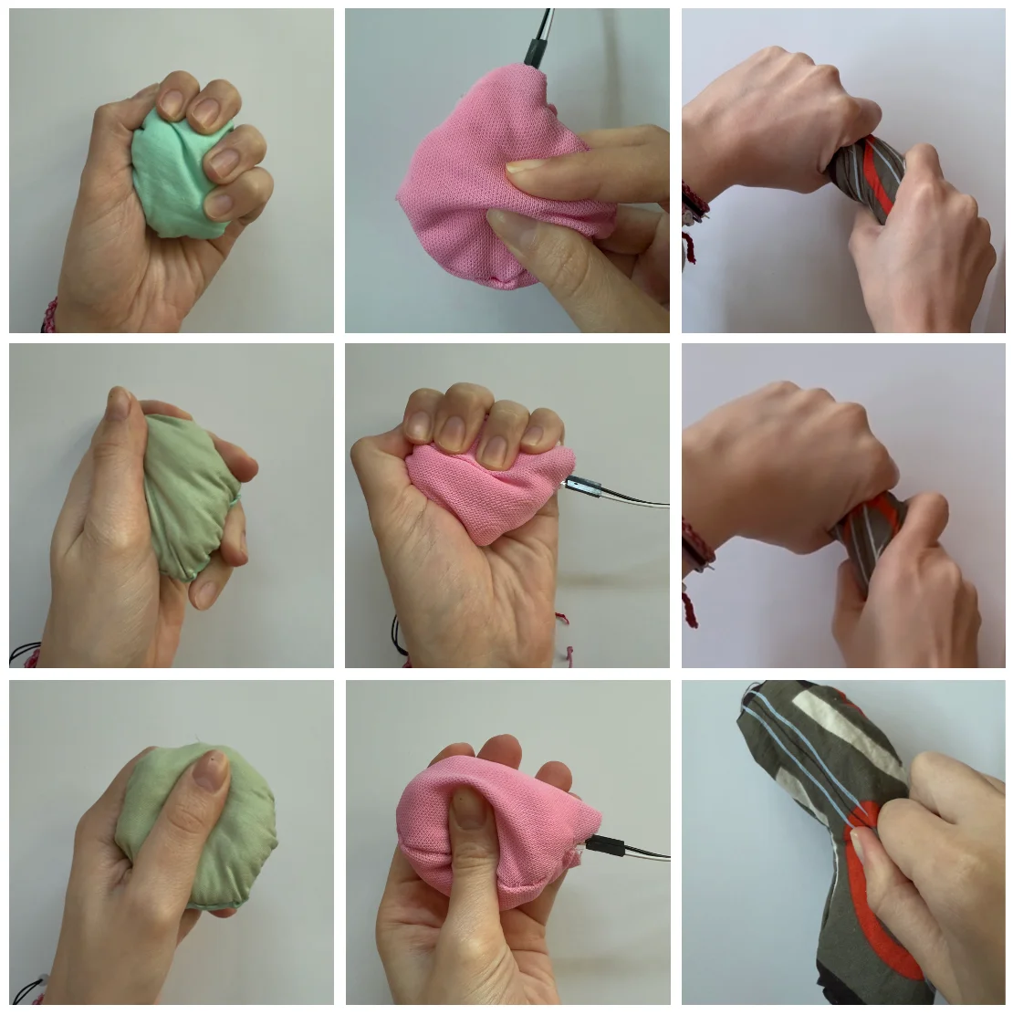 Nine-up grid of fabric squeeze prototypes in green, pink, and striped patterns being held and squeezed