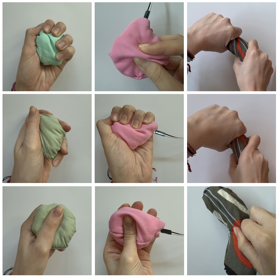 Nine-up grid of fabric squeeze prototypes in green, pink, and striped patterns being held and squeezed