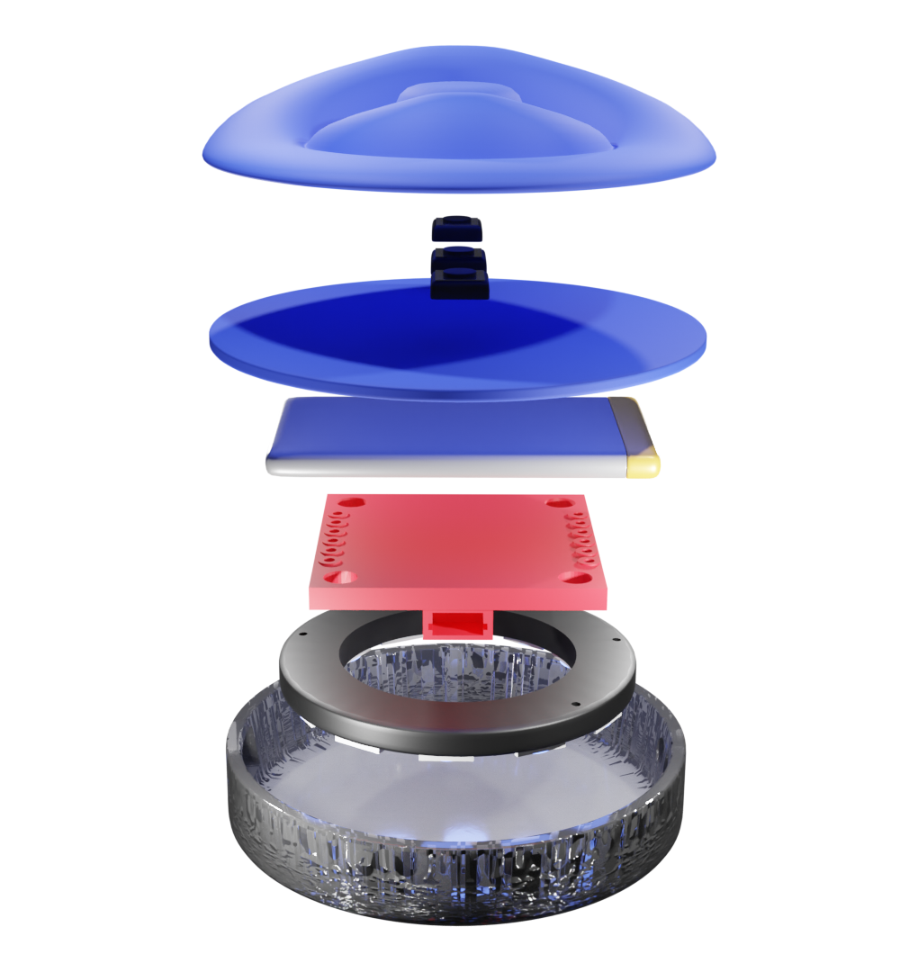 Exploded render of the Onaka device showing the silicone button interface, PLA stiffener, NeoPixel ring, SparkFun Qwiic Pocket microcontroller, and 1200mAh LiPo battery in the SLA resin base