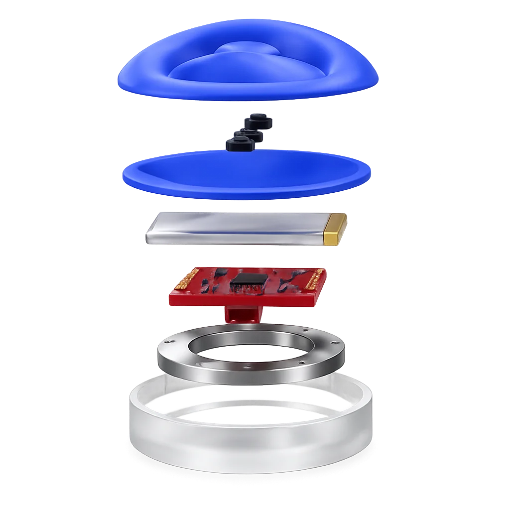 Exploded render of the Onaka device showing the silicone button interface, PLA stiffener, NeoPixel ring, SparkFun Qwiic Pocket microcontroller, and 1200mAh LiPo battery in the SLA resin base