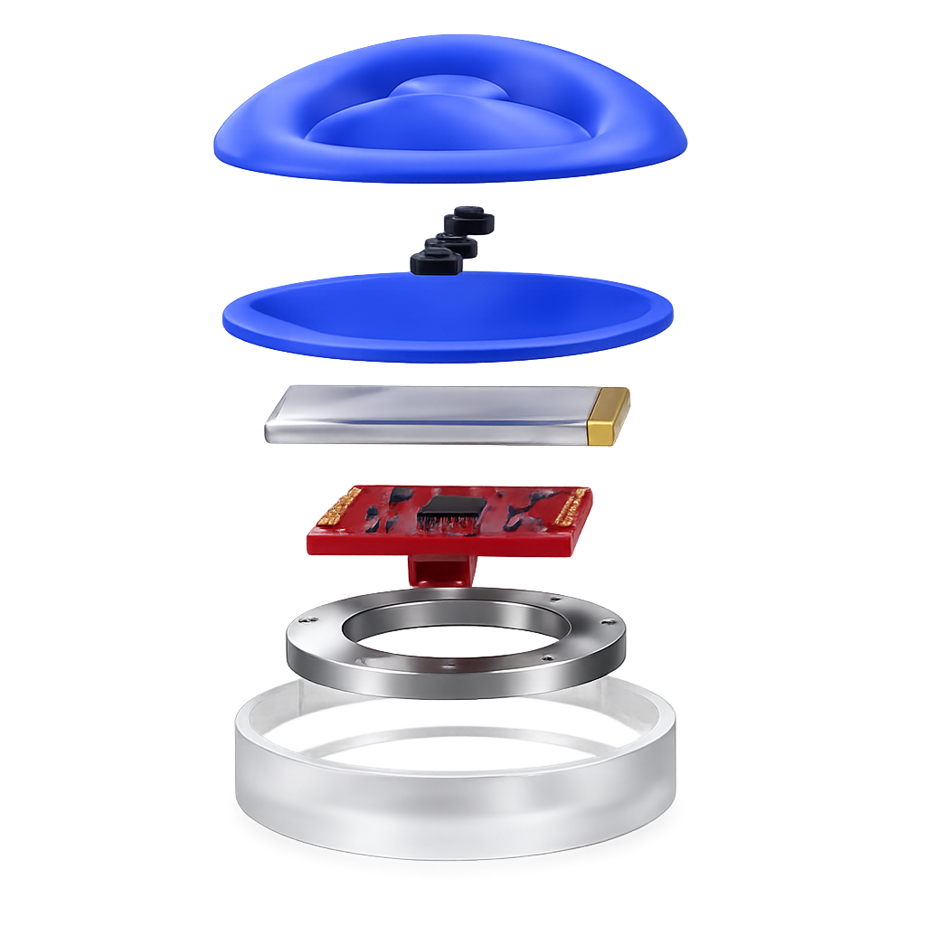 Exploded render of the Onaka device showing the silicone button interface, PLA stiffener, NeoPixel ring, SparkFun Qwiic Pocket microcontroller, and 1200mAh LiPo battery in the SLA resin base