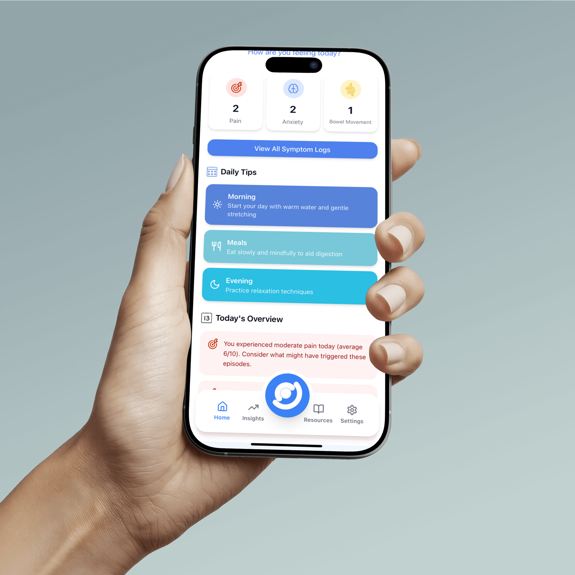 The Onaka companion app held in a hand, showing the home dashboard: today's symptom counts, daily tips and today's overview