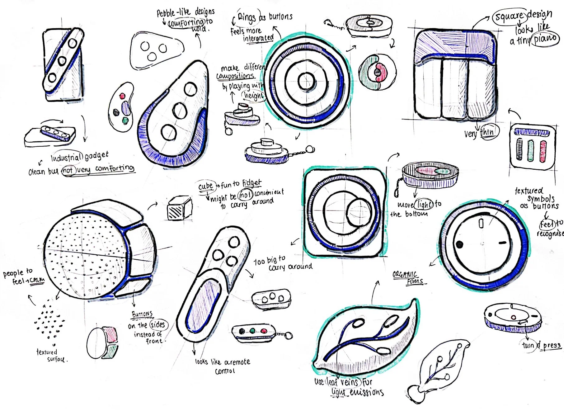Sketch grid of early concept directions, including ripple disc, soft cube, pebble, and leaf pod