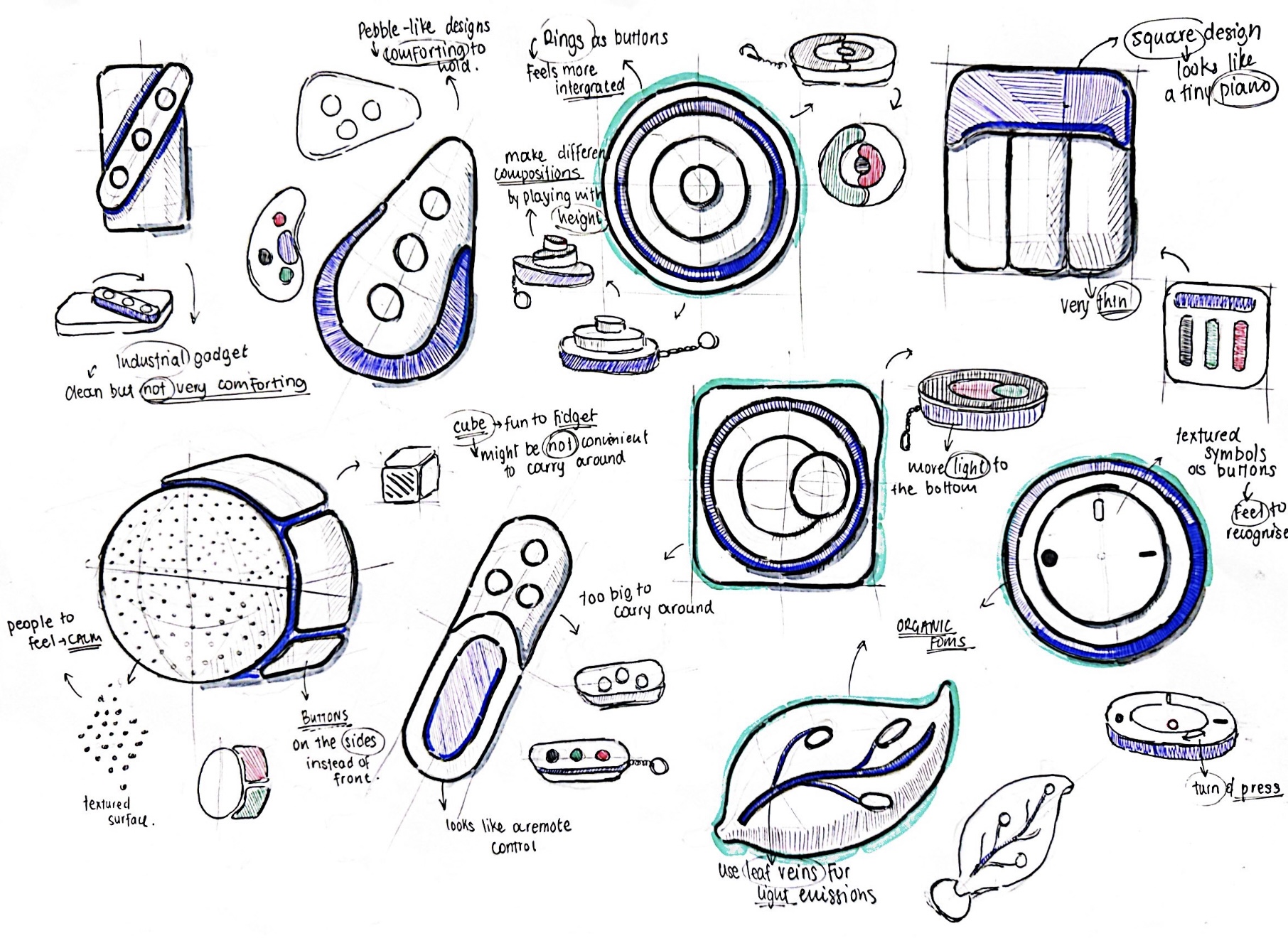 Sketch grid of early concept directions, including ripple disc, soft cube, pebble, and leaf pod
