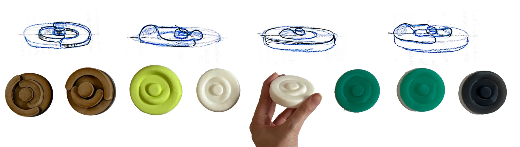 Iteration sequence from MDF and wood prototypes to 3D-printed and cast silicone discs in green, white, and black, with side-view sketches above each