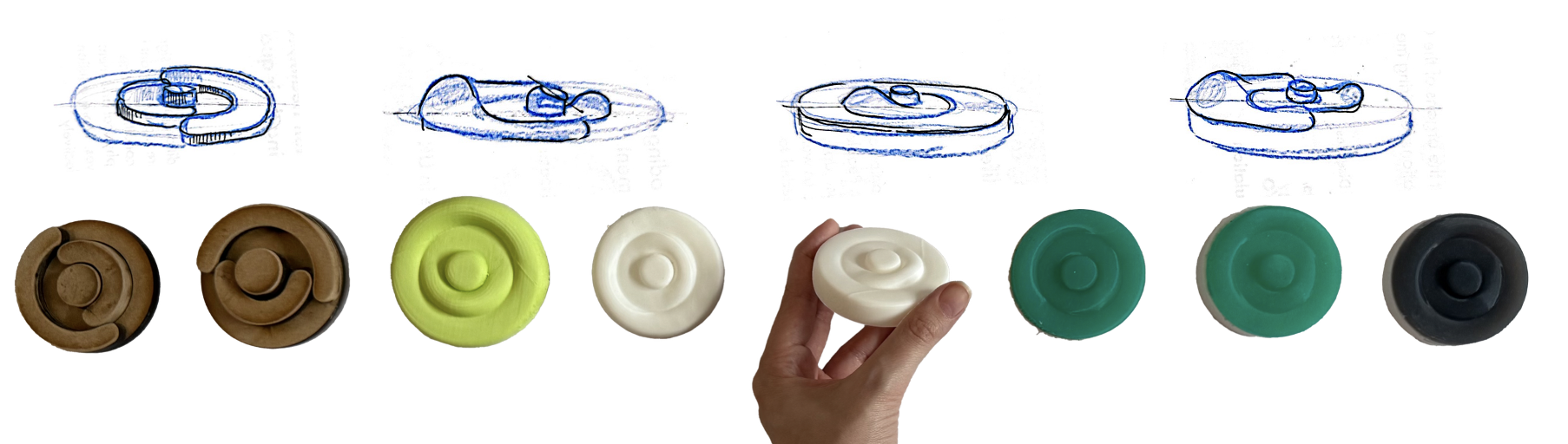 Iteration sequence from MDF and wood prototypes to 3D-printed and cast silicone discs in green, white, and black, with side-view sketches above each