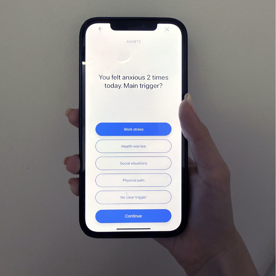 Companion app asking 'You felt anxious 2 times today. Main trigger?'