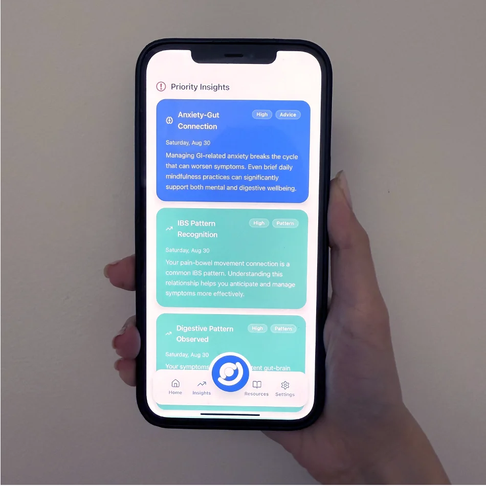 Priority Insights screen showing Anxiety-Gut Connection card