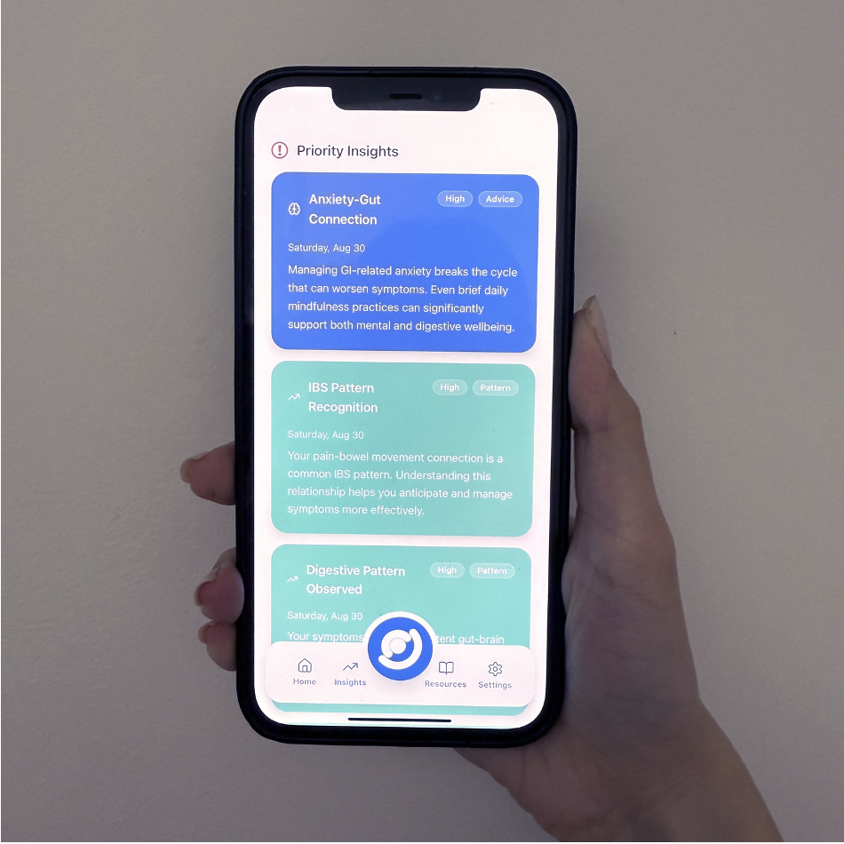Priority Insights screen showing Anxiety-Gut Connection card