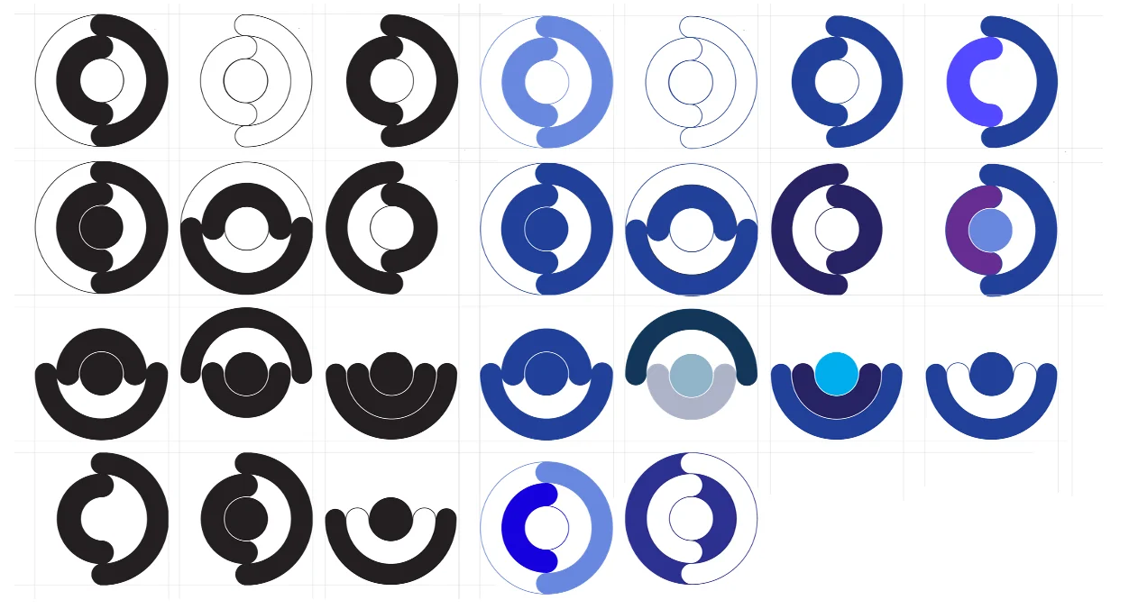 Logo iteration sheet — rows of concentric ring marks exploring positive and negative space, then in blue colour studies