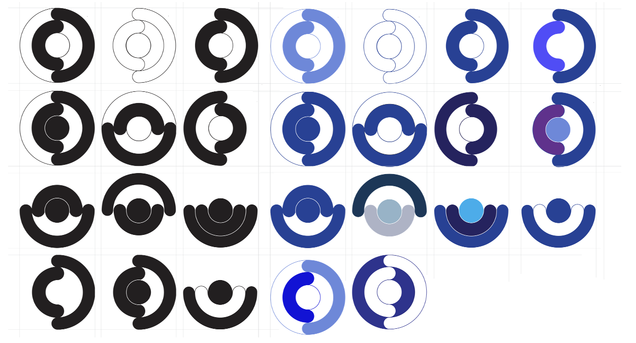 Logo iteration sheet — rows of concentric ring marks exploring positive and negative space, then in blue colour studies