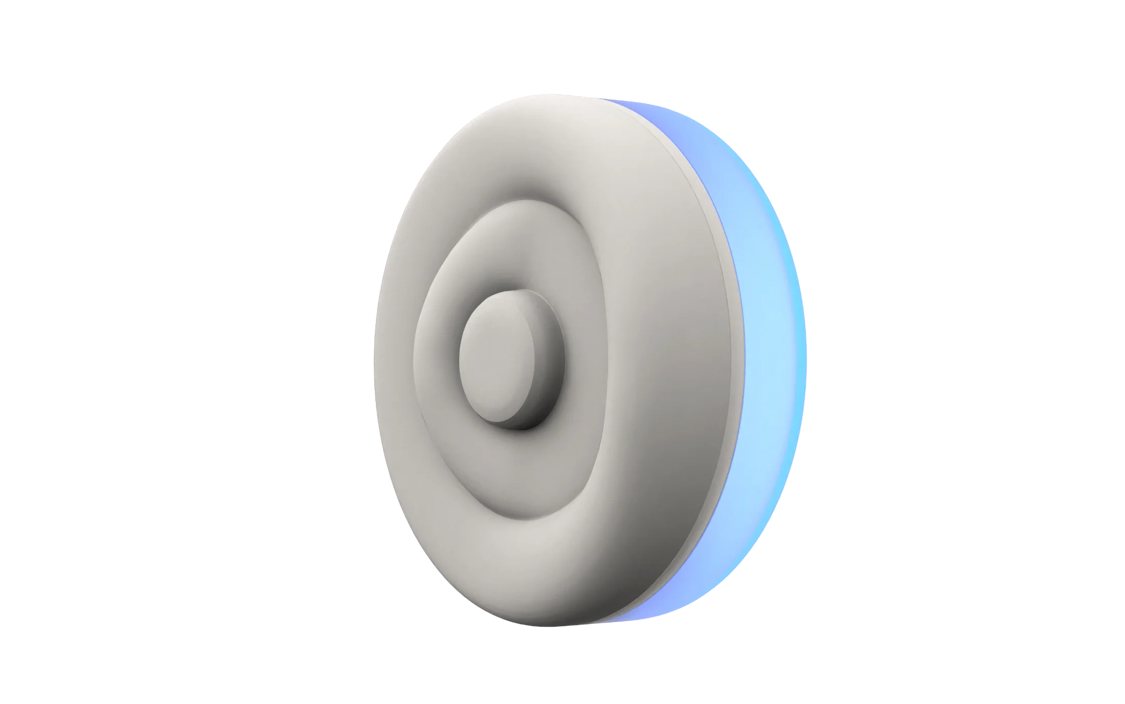3D render of the Onaka device showing three concentric rings — centre button, middle ring, and outer ring with blue NeoPixel glow