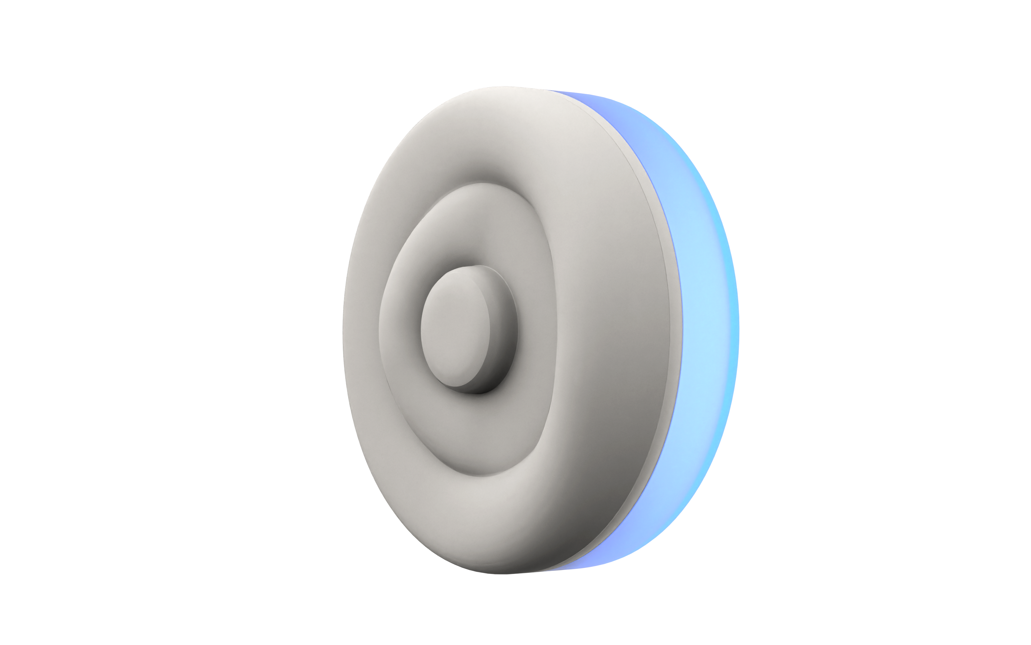 3D render of the Onaka device showing three concentric rings — centre button, middle ring, and outer ring with blue NeoPixel glow