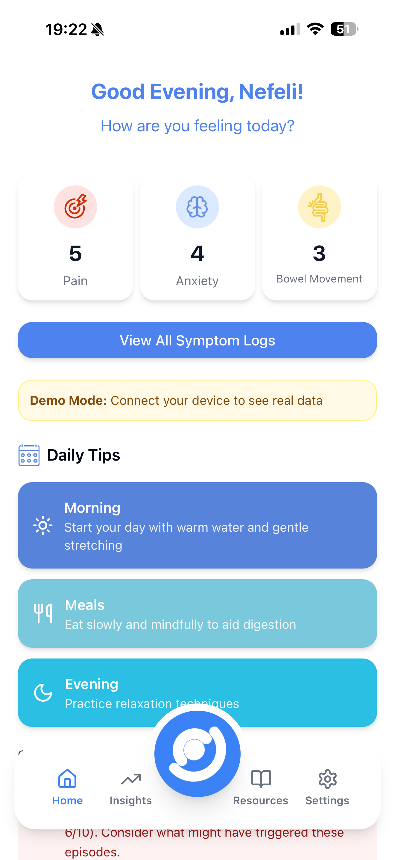 Home screen showing today's symptom counts, daily tips, and a button to compile data for a doctor