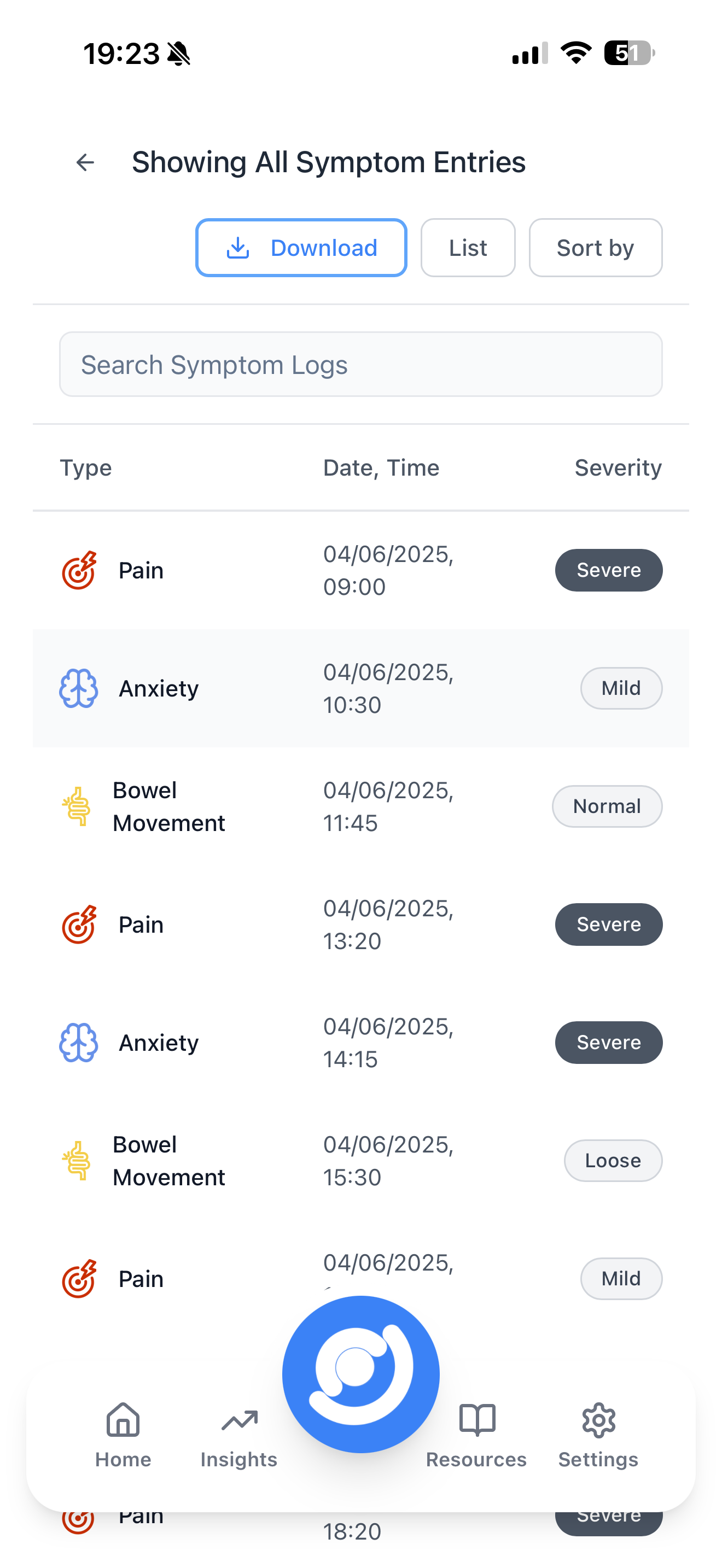Symptom log view showing pain, anxiety, and bowel entries with timestamp and severity