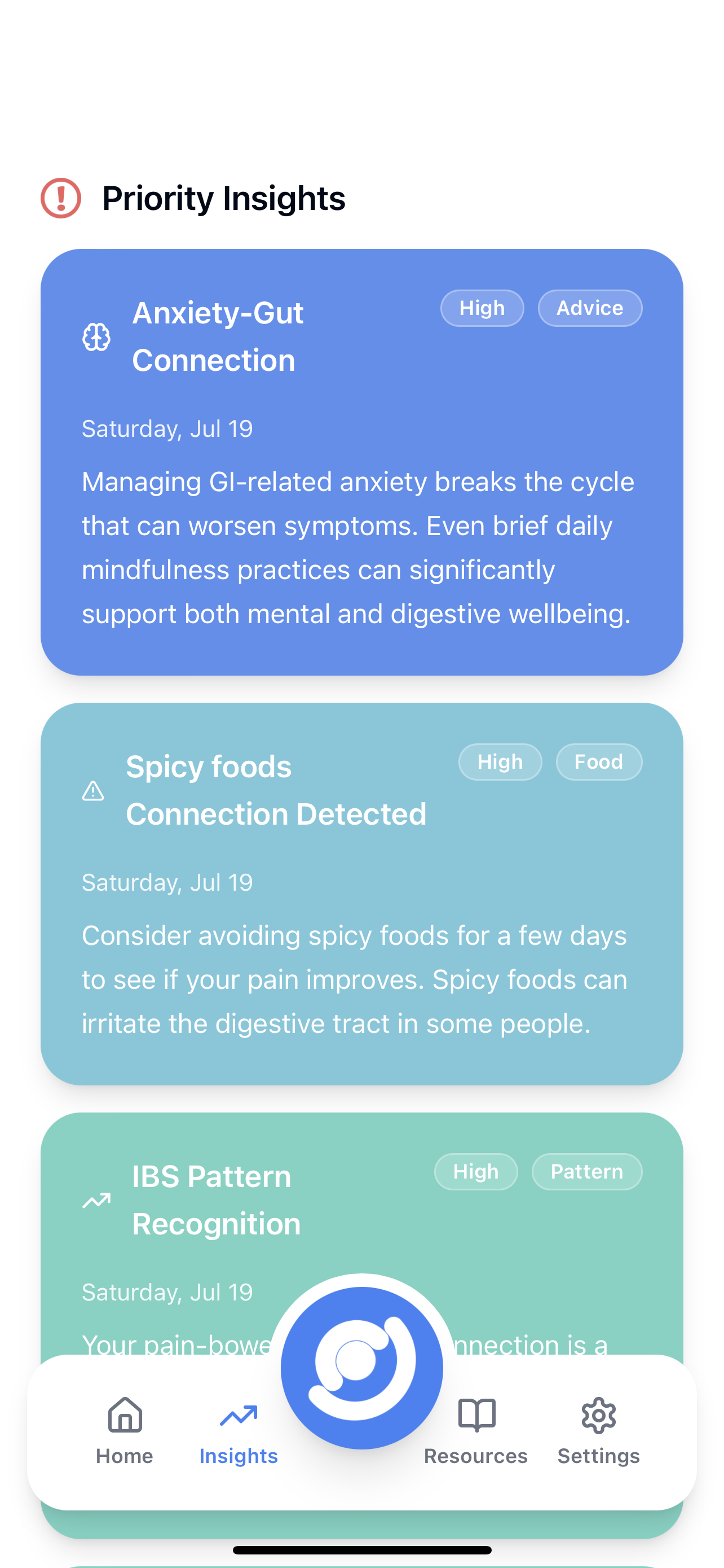 Insights screen showing plain-language insights organised into priority, patterns, food, and advice