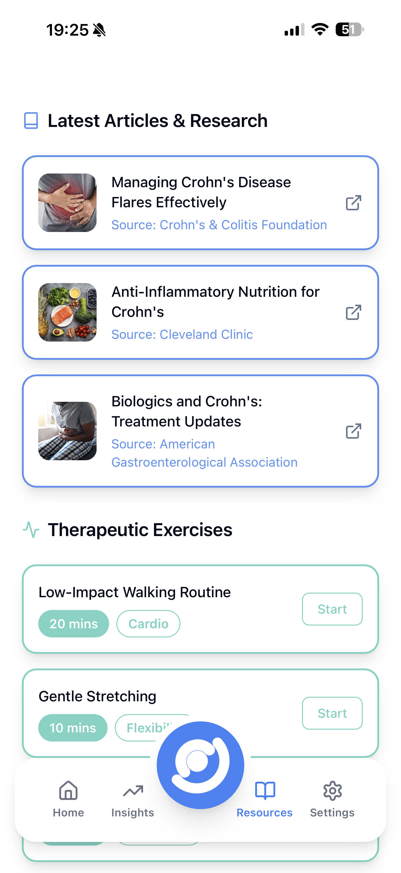 Resources screen with articles, exercises, and recipes filtered by the user's GI condition