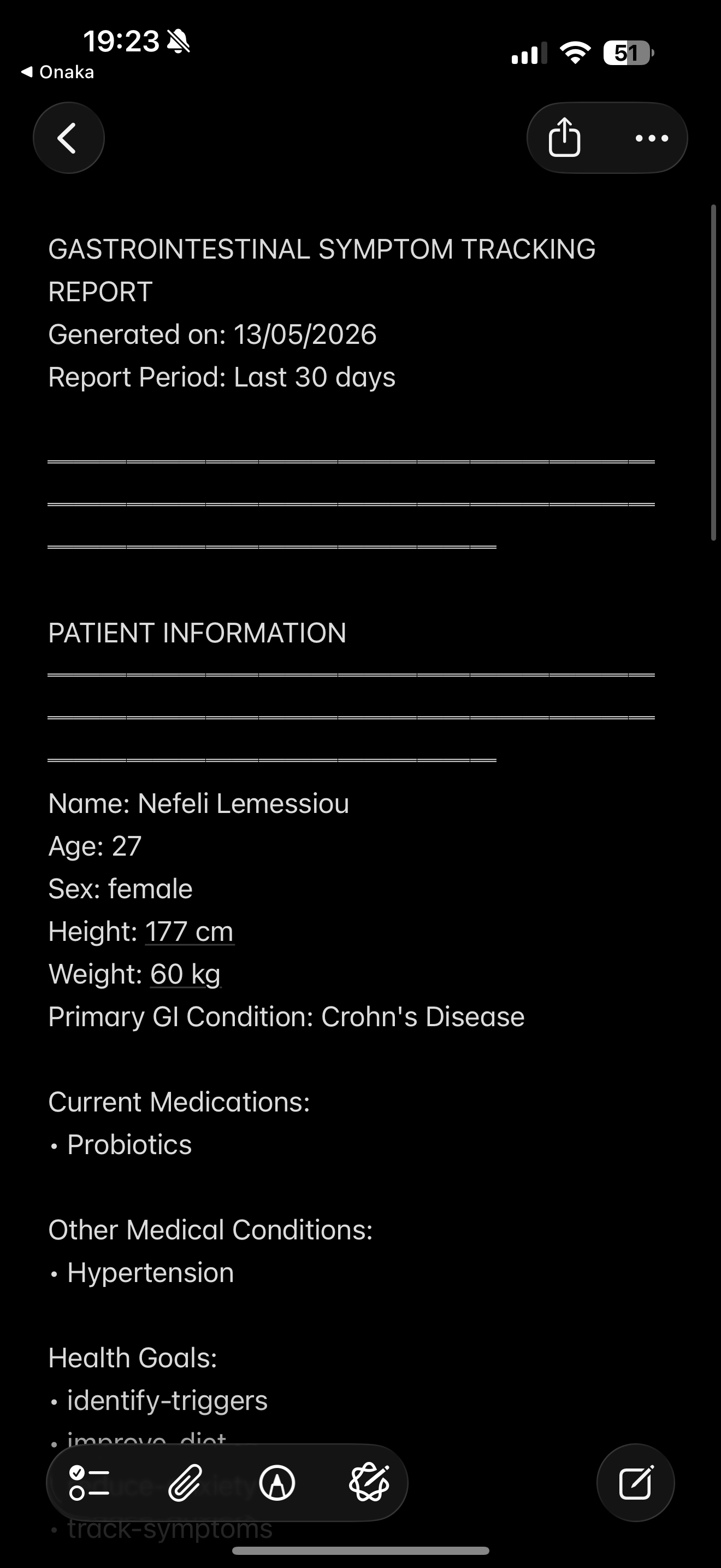 Compiled doctor report screen showing symptom history and reflection summary ready to share
