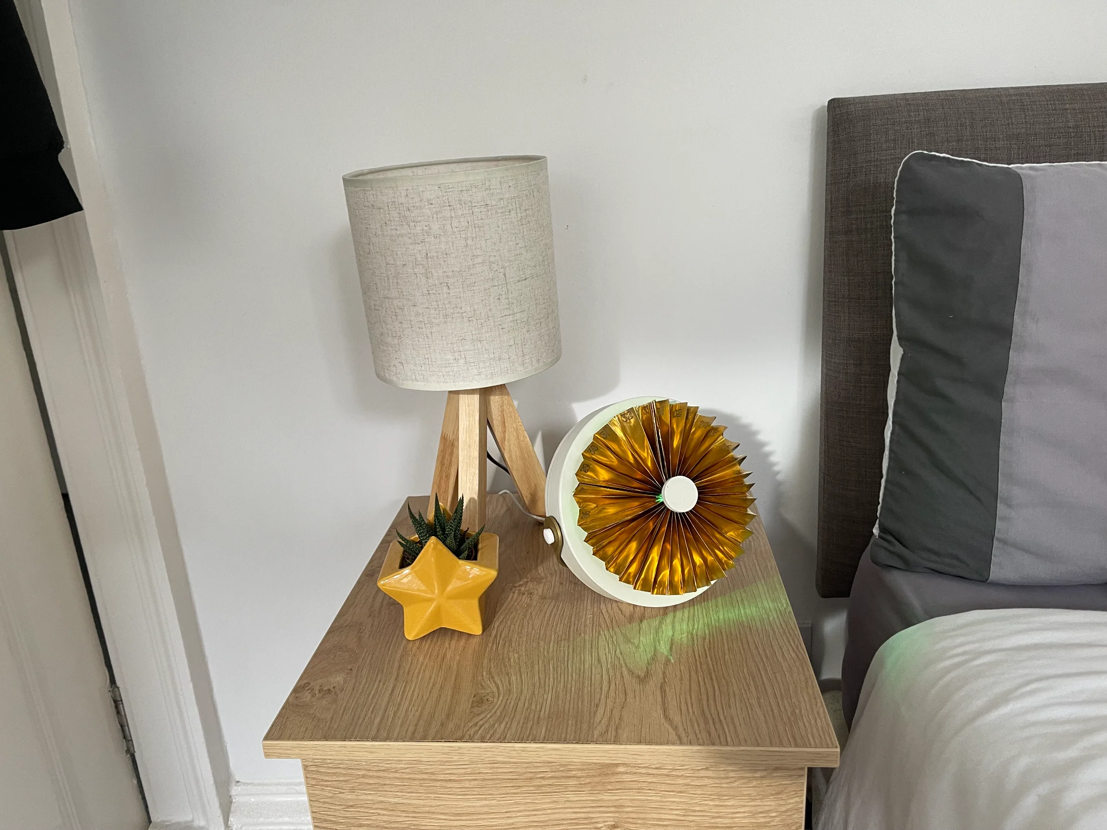 The brass device on a wooden bedside table next to a tripod lamp and a star-shaped planter, glowing green