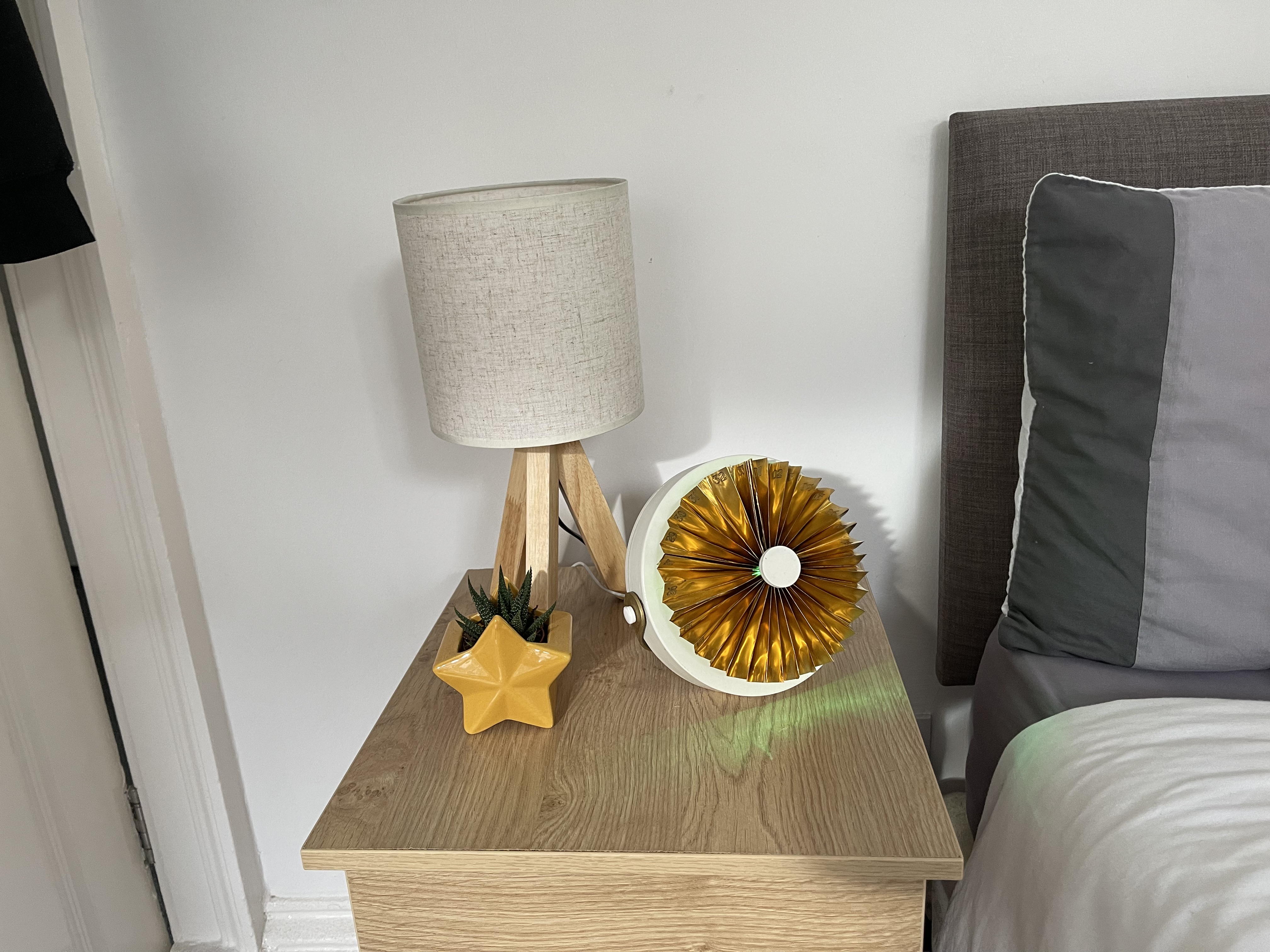 The brass device on a wooden bedside table next to a tripod lamp and a star-shaped planter, glowing green