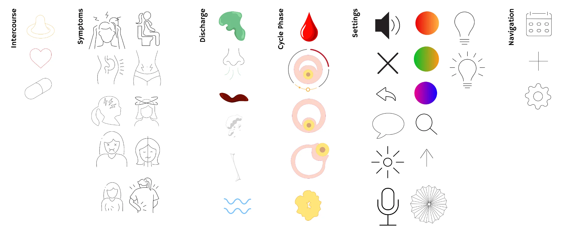 Custom icon library: symptoms, body states, cervical mucus types, gradient swatches, controls